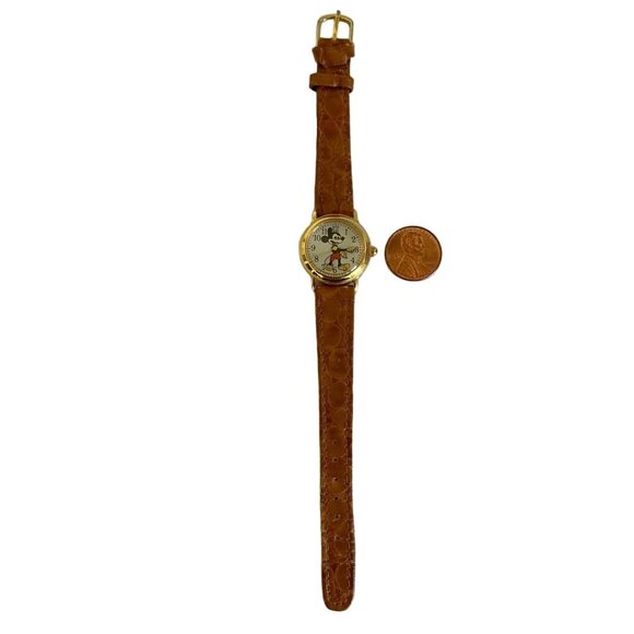 Vintage Mickey Mouse Gold Plated Sticking Out Tongue Watch 2035-21 Leather Band main image 8